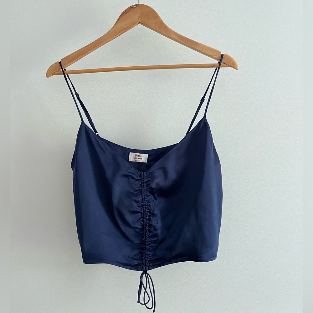 Aritzia Navy Blue Satin Ruched Cami Tank Top